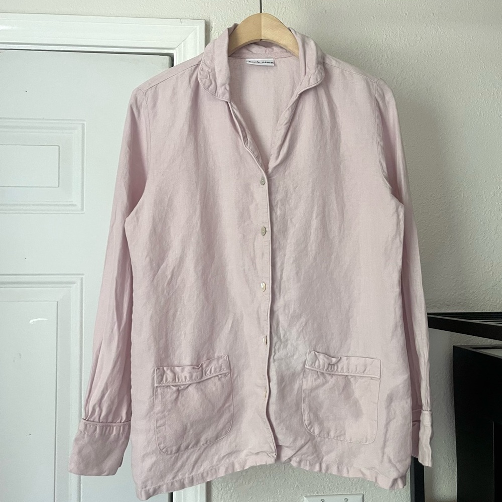 JENNIFER ADAMS dusty pink blush linen pajama button up long‎ sleeve shirt